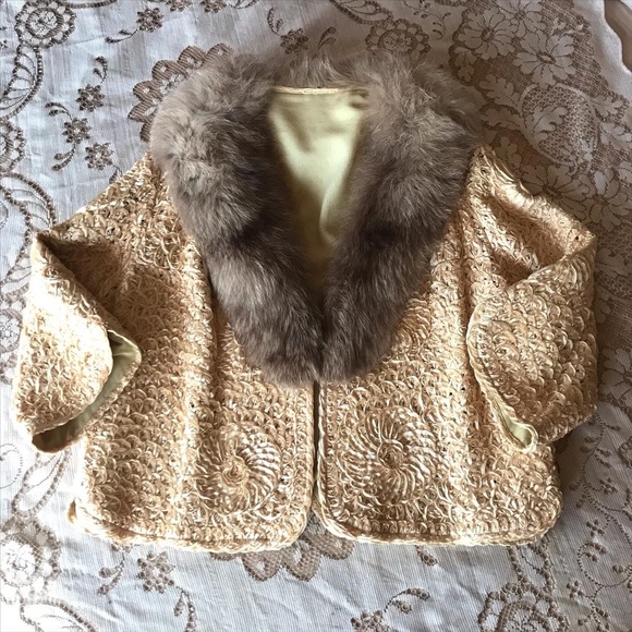 50s Ribbonwork Jacket with fox fur collar - Picture 1 of 3